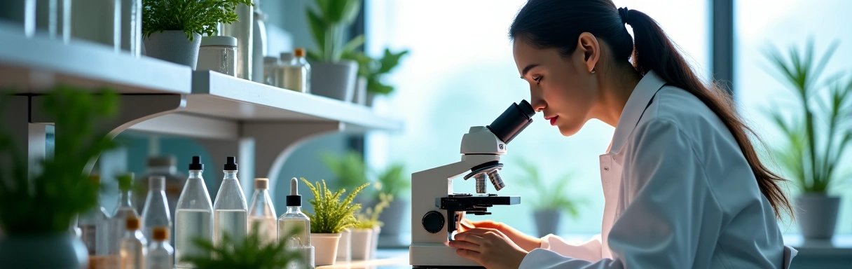 A clean, modern laboratory setting with advanced equipment, showcasing a scientist in a lab coat carefully examining natural plant extracts, symbolizing quality control and scientific rigor.