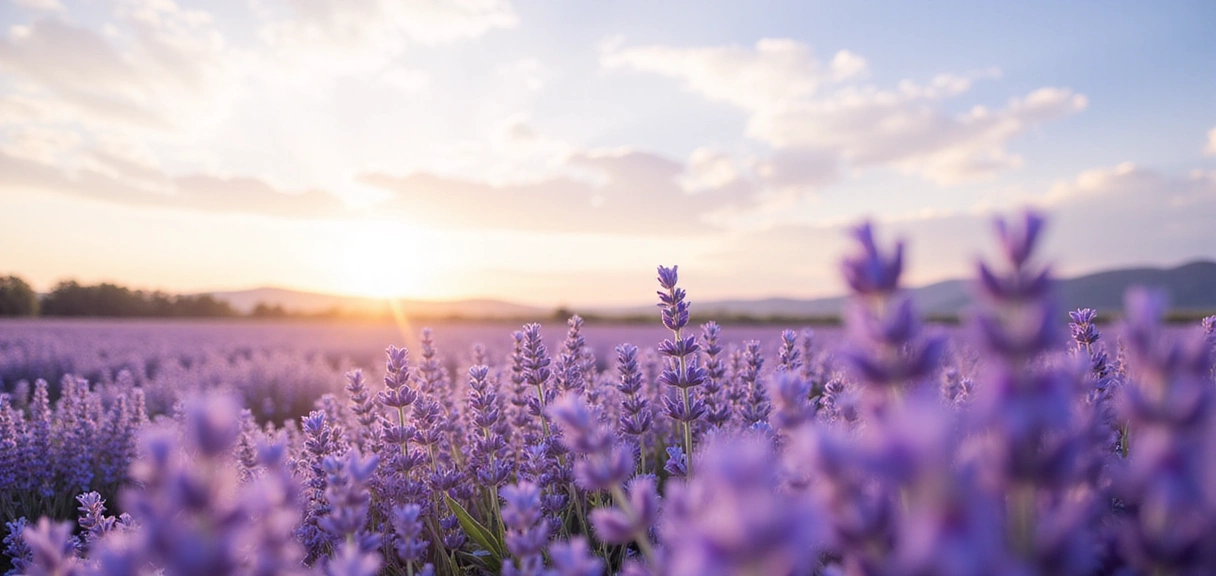 A serene field of lavender under a clear sky, symbolizing natural wellness and purity, with a subtle, elegant brand logo in the corner without text.