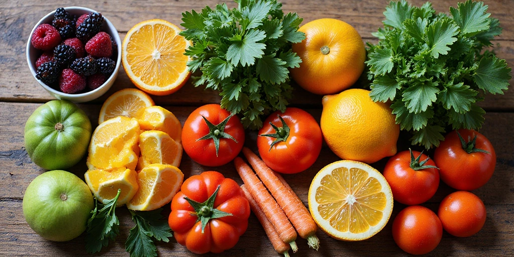 A colorful array of fruits and vegetables, rich in antioxidants