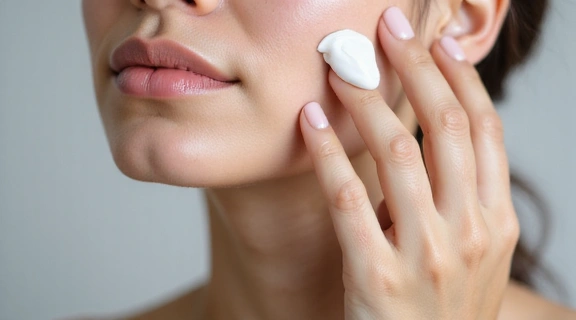 A person applying a moisturizer to their face, symbolizing daily skincare routine.