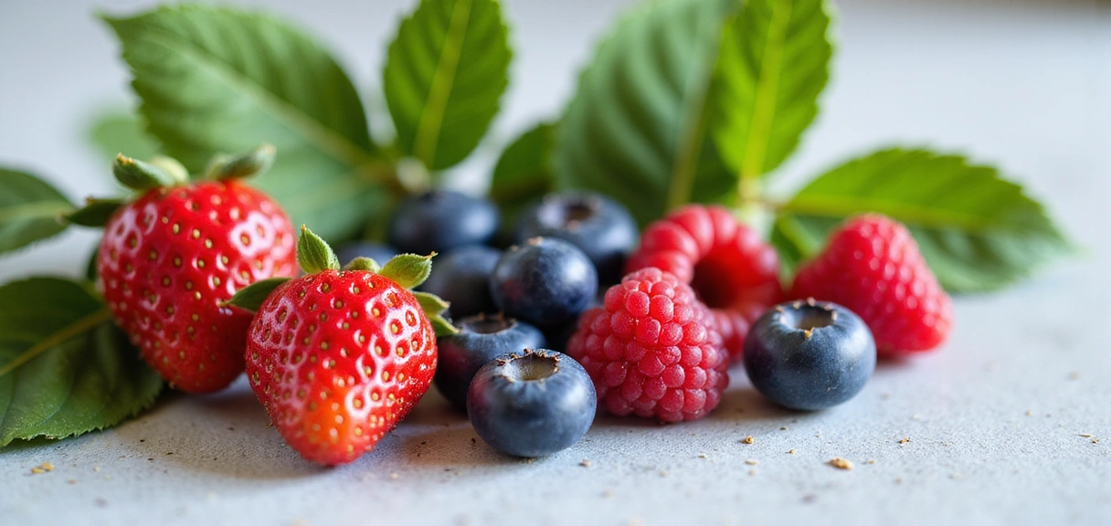 Close-up of fresh berries and green tea leaves, symbolizing antioxidants