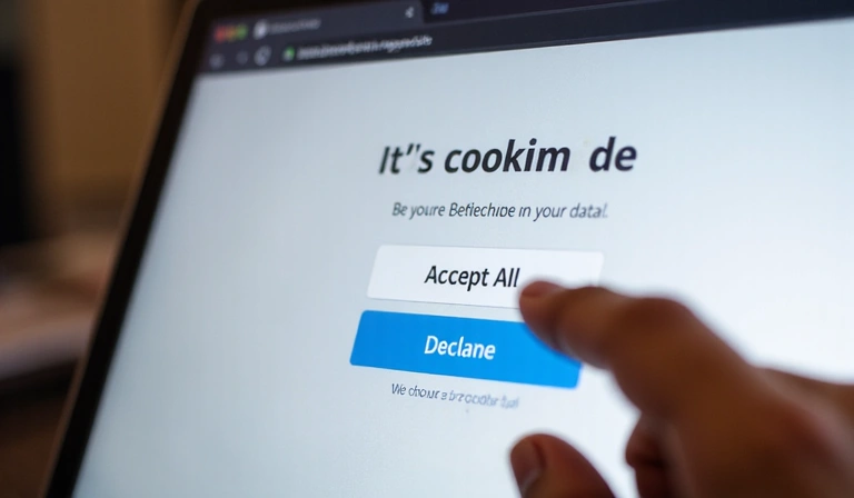A hand clicking on a cookie consent banner with options to accept or decline