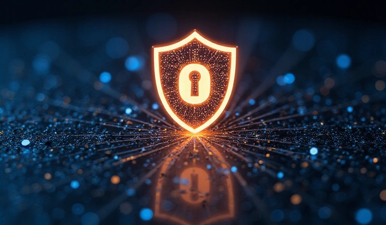 Digital shield icon protecting abstract data, symbolizing robust data security