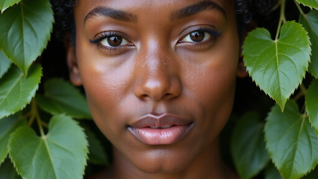Close-up of healthy, glowing skin with natural ingredients like leaves and water droplets