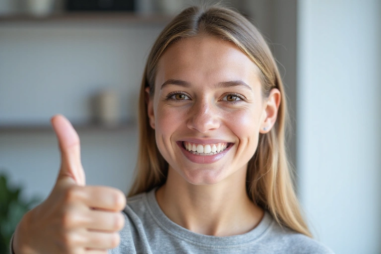 A person smiling and giving a thumbs up, symbolizing successful communication and satisfaction.